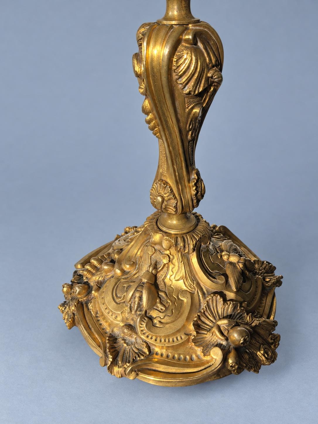 Vintage Large Louis XV Style Gilt Metal Candlestick, Attributed 19th Century, Relief Insects Among Flowering Branches, 31.5 cm