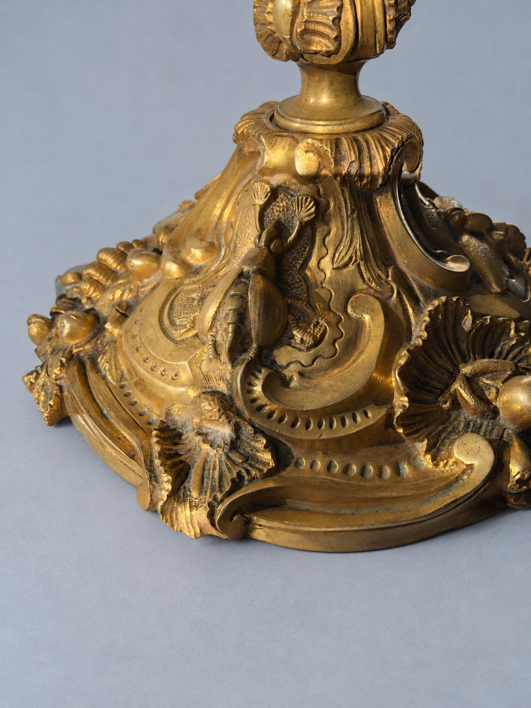 Vintage Large Louis XV Style Gilt Metal Candlestick, Attributed 19th Century, Relief Insects Among Flowering Branches, 31.5 cm