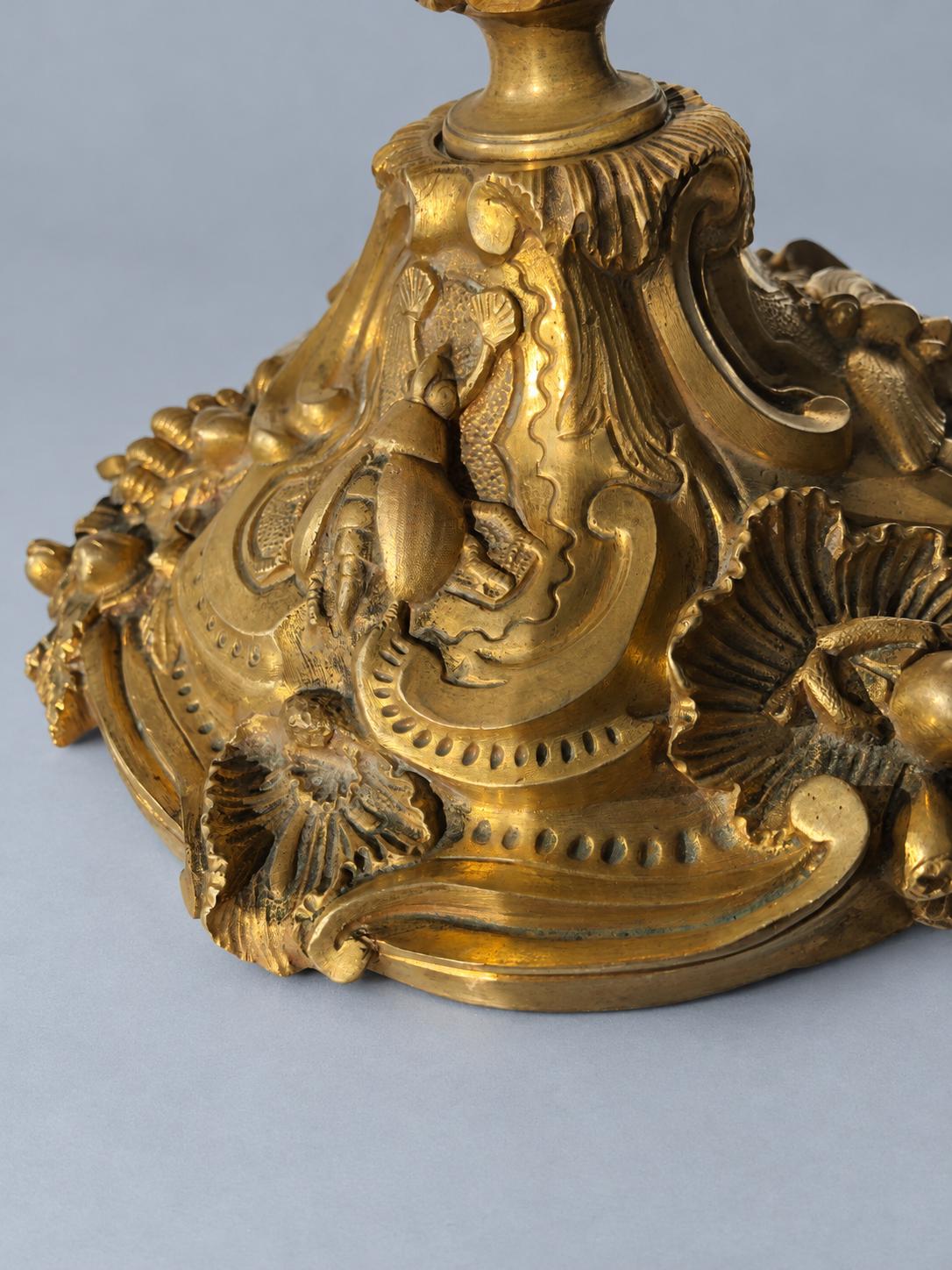 Vintage Large Louis XV Style Gilt Metal Candlestick, Attributed 19th Century, Relief Insects Among Flowering Branches, 31.5 cm