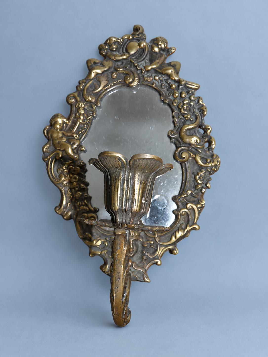 Vintage Pair of Rococo Style Mirror Candle Sconces with Putti, Attributed 19th Century, Patinated Metal, 21 cm