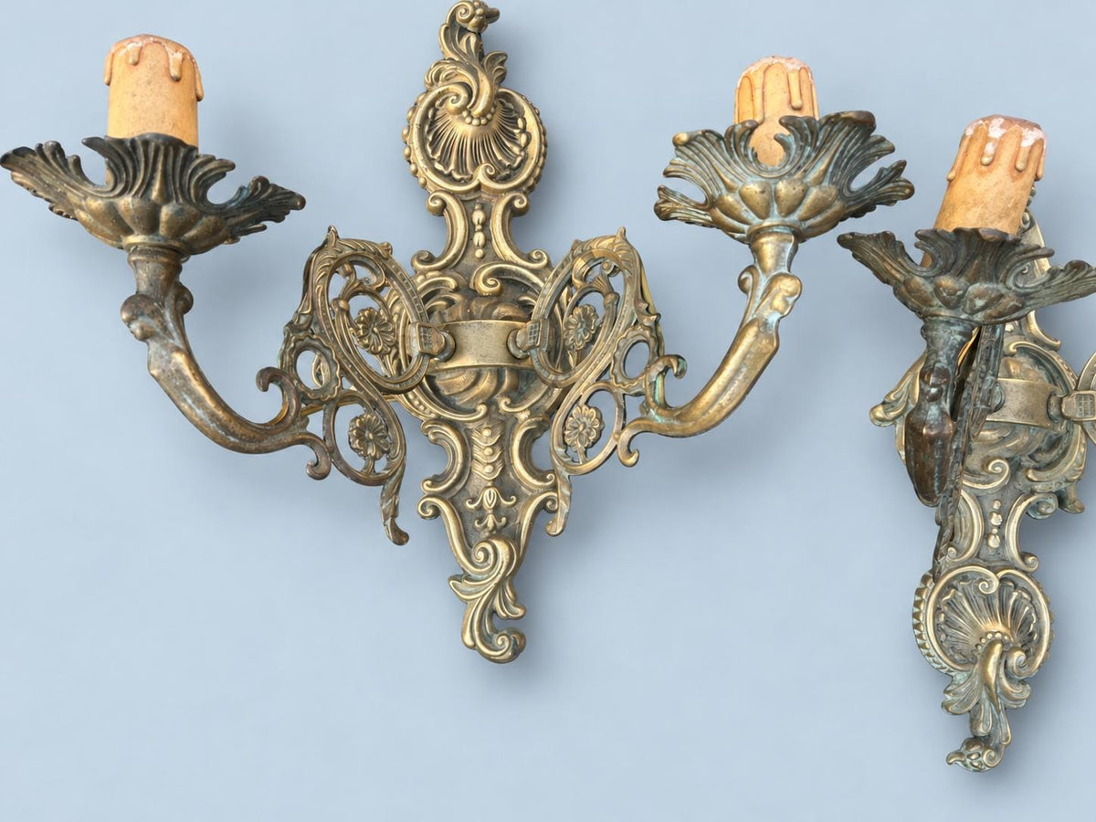 Vintage Pair of Louis XV Rocaille Style Wall Sconces, Cast Metal with Green Patina, Shell Crest and Pierced Scroll Arms, Two Lights Each