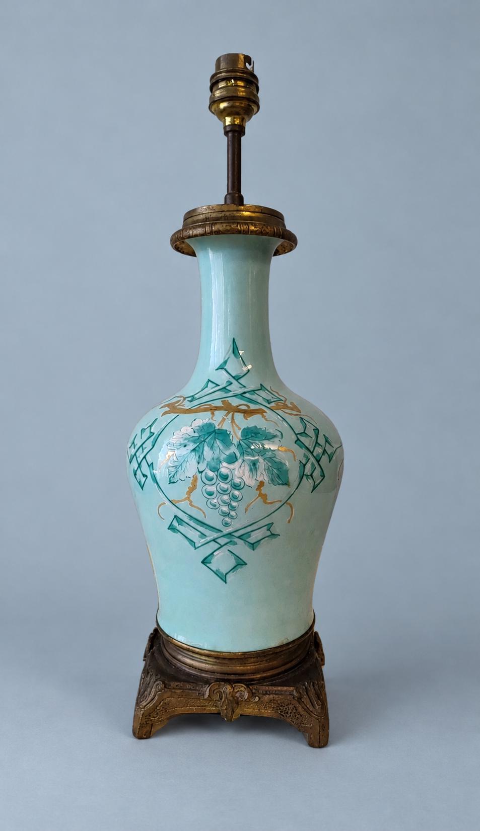 Vintage Celadon Porcelain Table Lamp with Grapevine Decoration, Attributed 19th Century, Patinated Metal Mounts, Sold Without Shade, 31 cm