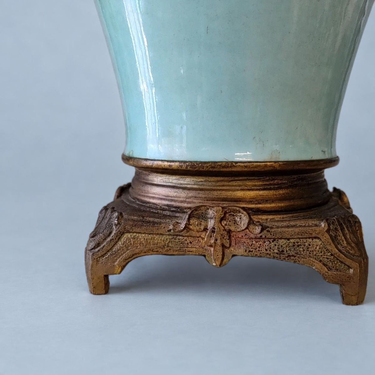 Vintage Celadon Porcelain Table Lamp with Grapevine Decoration, Attributed 19th Century, Patinated Metal Mounts, Sold Without Shade, 31 cm