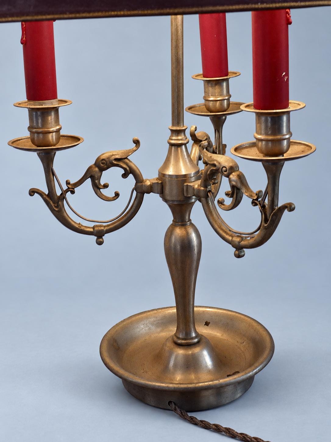 Vintage French Bouillotte Lamp, Three Lights, Burgundy Tole Shade, Dolphin Arms and Ring Finial
