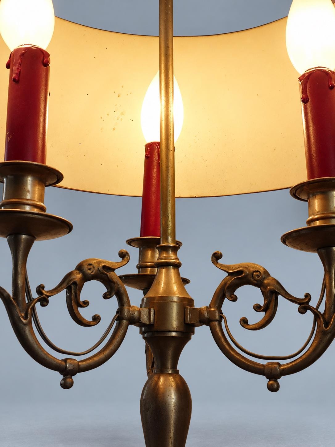 Vintage French Bouillotte Lamp, Three Lights, Burgundy Tole Shade, Dolphin Arms and Ring Finial