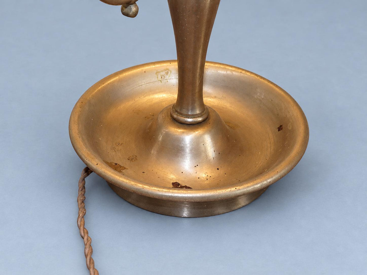 Vintage French Bouillotte Lamp, Three Lights, Burgundy Tole Shade, Dolphin Arms and Ring Finial
