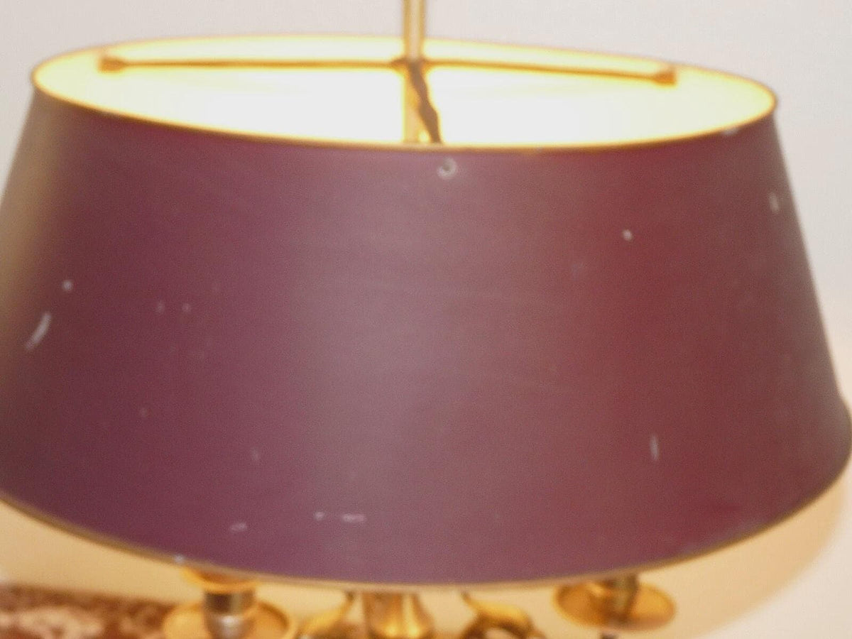 Vintage French Bouillotte Lamp, Three Lights, Burgundy Tole Shade, Dolphin Arms and Ring Finial