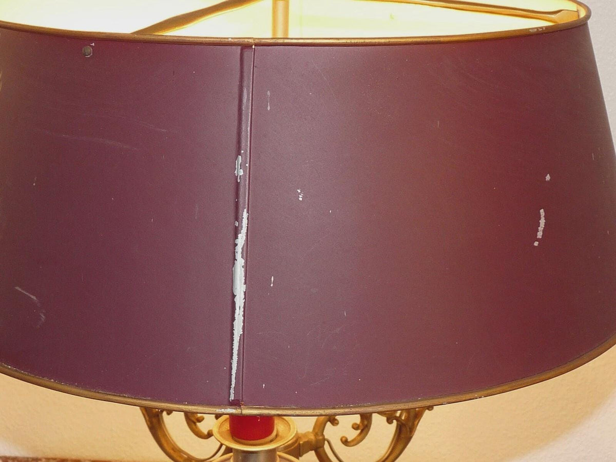 Vintage French Bouillotte Lamp, Three Lights, Burgundy Tole Shade, Dolphin Arms and Ring Finial