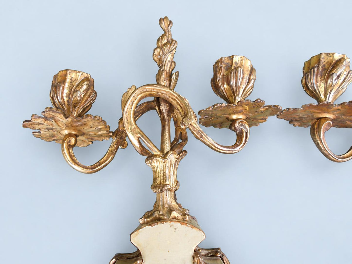 Vintage Pair of Rococo Two-Light Candelabra, Gilt Metal Scrolls on Hand-Painted Floral Bases, Attributed 19th Century, 23.5 cm