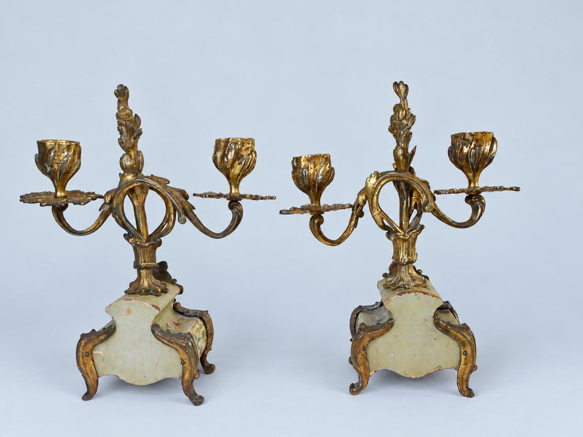 Vintage Pair of Rococo Two-Light Candelabra, Gilt Metal Scrolls on Hand-Painted Floral Bases, Attributed 19th Century, 23.5 cm