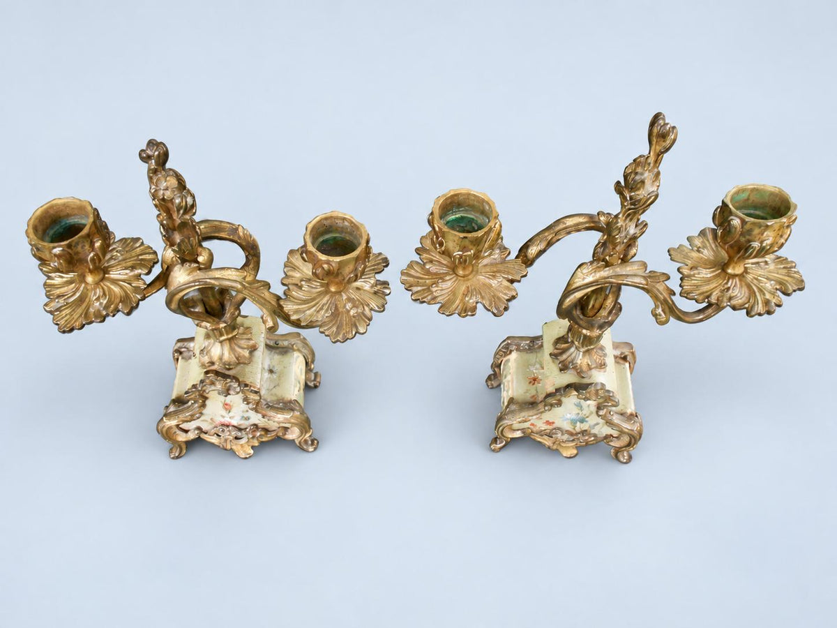 Vintage Pair of Rococo Two-Light Candelabra, Gilt Metal Scrolls on Hand-Painted Floral Bases, Attributed 19th Century, 23.5 cm