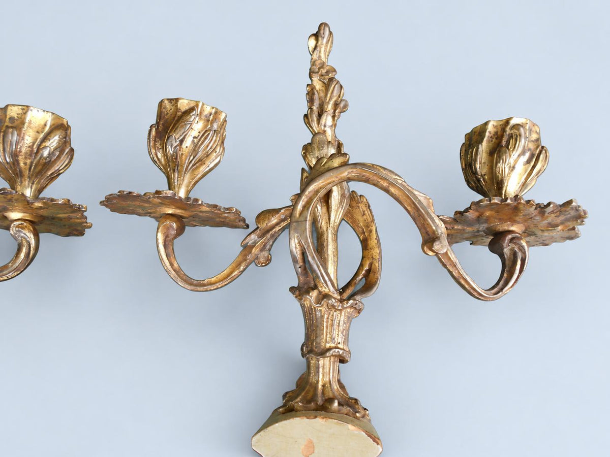 Vintage Pair of Rococo Two-Light Candelabra, Gilt Metal Scrolls on Hand-Painted Floral Bases, Attributed 19th Century, 23.5 cm