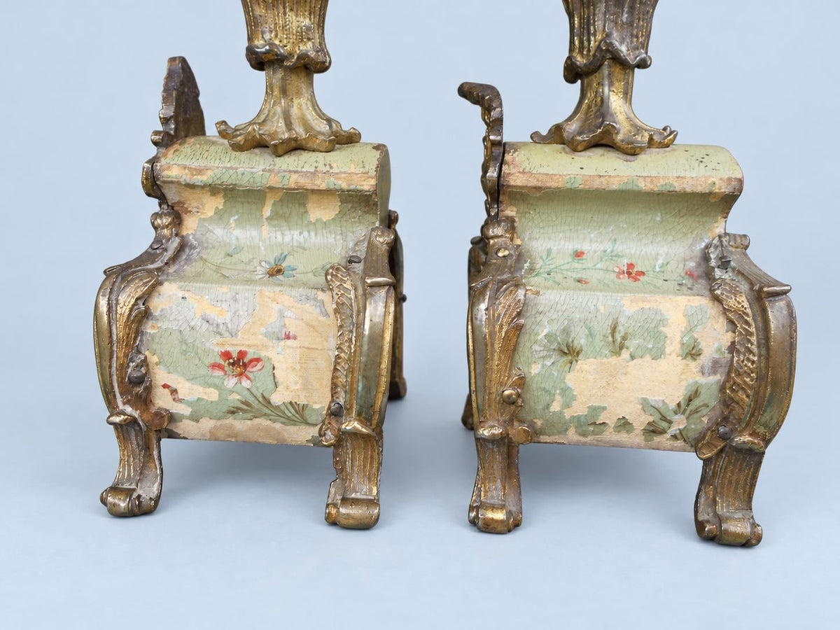 Vintage Pair of Rococo Two-Light Candelabra, Gilt Metal Scrolls on Hand-Painted Floral Bases, Attributed 19th Century, 23.5 cm