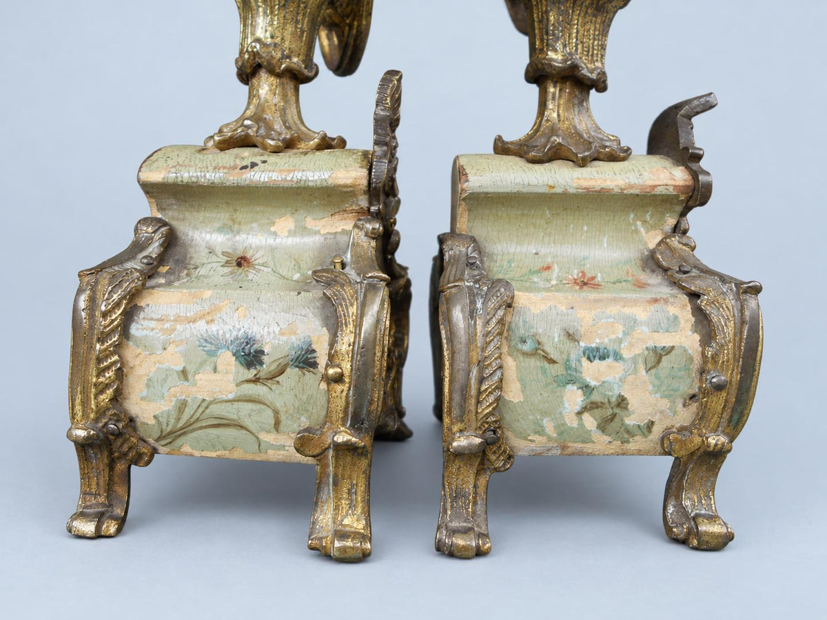Vintage Pair of Rococo Two-Light Candelabra, Gilt Metal Scrolls on Hand-Painted Floral Bases, Attributed 19th Century, 23.5 cm