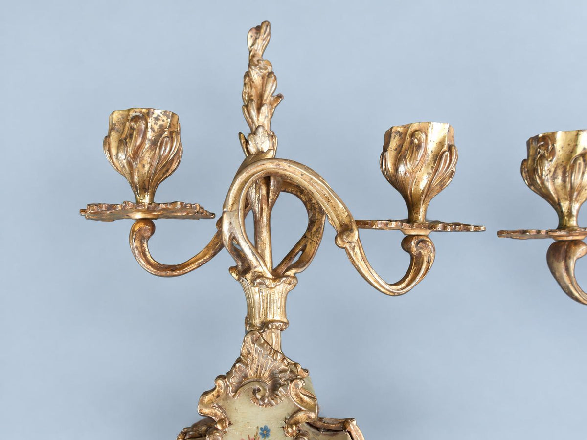 Vintage Pair of Rococo Two-Light Candelabra, Gilt Metal Scrolls on Hand-Painted Floral Bases, Attributed 19th Century, 23.5 cm