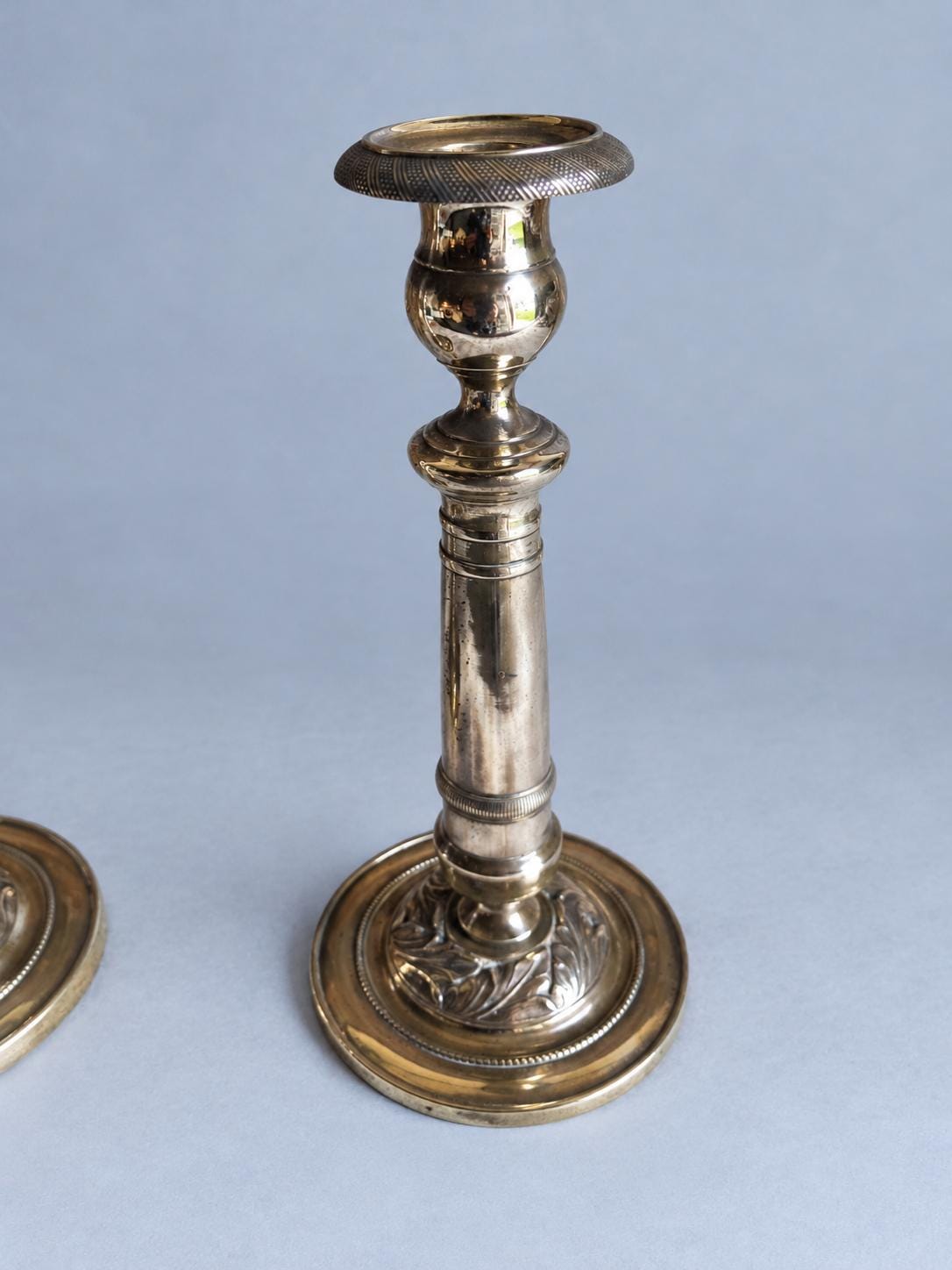 Vintage Small Pair of Empire Style Column Candlesticks, Polished Gold-Tone Metal with Leaf-Decorated Bases, 24 cm