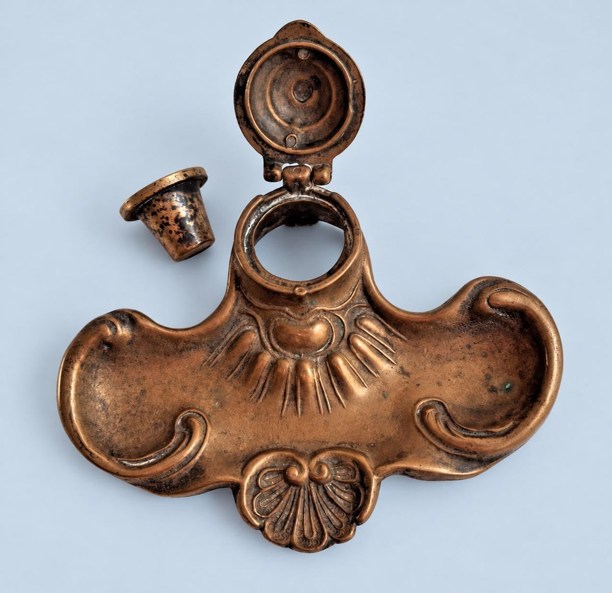 Vintage Louis XV Style Inkwell with Shell Decoration, Patinated Metal Pen Tray with Hinged Lid, 18 cm