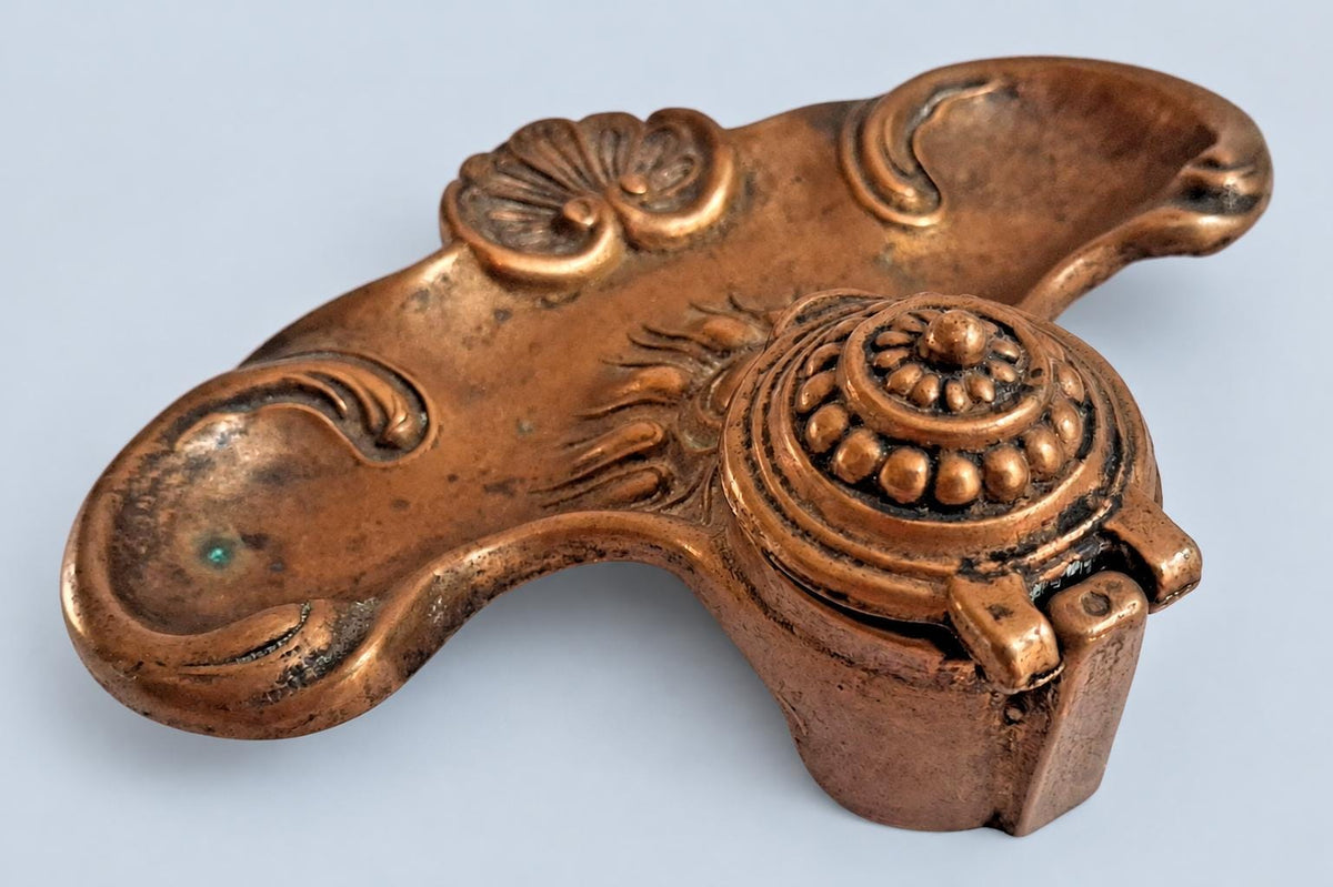 Vintage Louis XV Style Inkwell with Shell Decoration, Patinated Metal Pen Tray with Hinged Lid, 18 cm