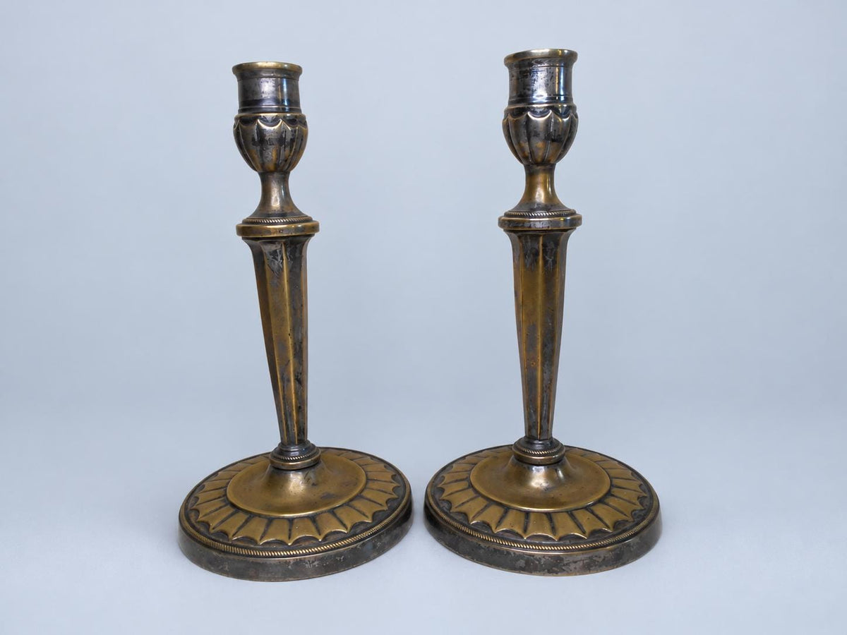 Vintage Pair of Empire Style Candlesticks, Attributed 19th Century, Patinated Metal with Traces of Silvering, Tapered Columns, 21.6 cm