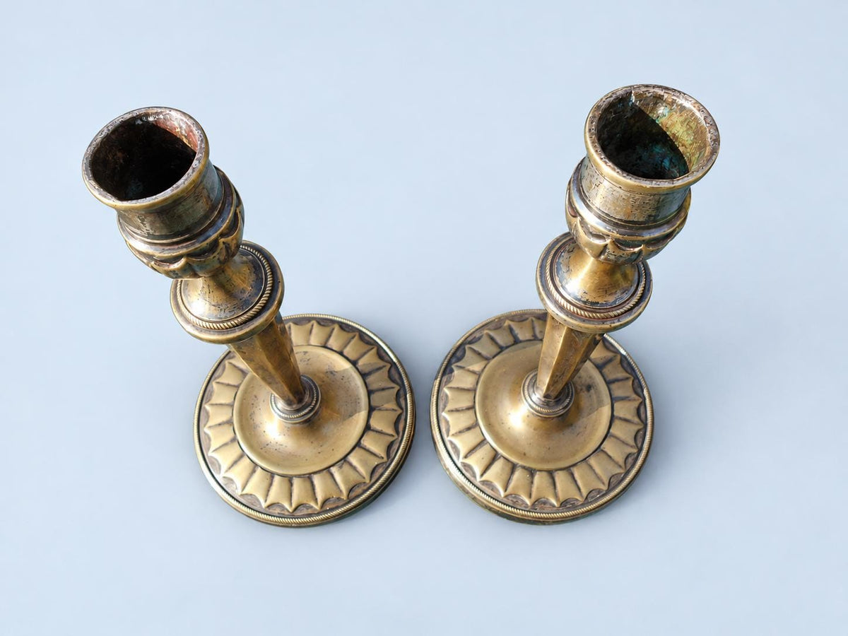 Vintage Pair of Empire Style Candlesticks, Attributed 19th Century, Patinated Metal with Traces of Silvering, Tapered Columns, 21.6 cm