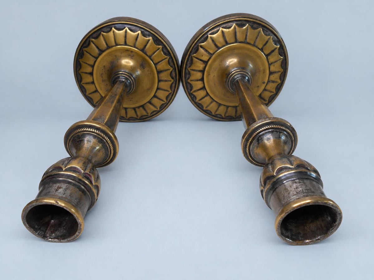 Vintage Pair of Empire Style Candlesticks, Attributed 19th Century, Patinated Metal with Traces of Silvering, Tapered Columns, 21.6 cm