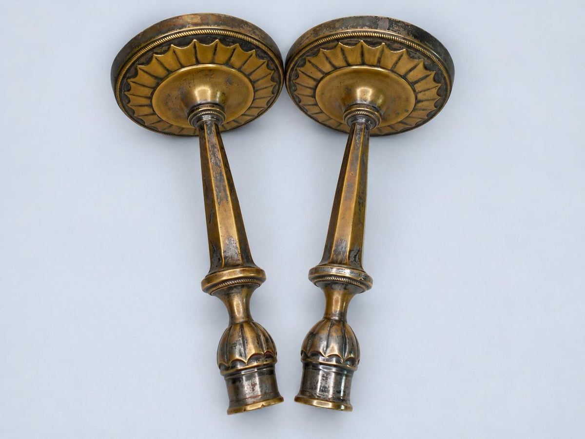 Vintage Pair of Empire Style Candlesticks, Attributed 19th Century, Patinated Metal with Traces of Silvering, Tapered Columns, 21.6 cm