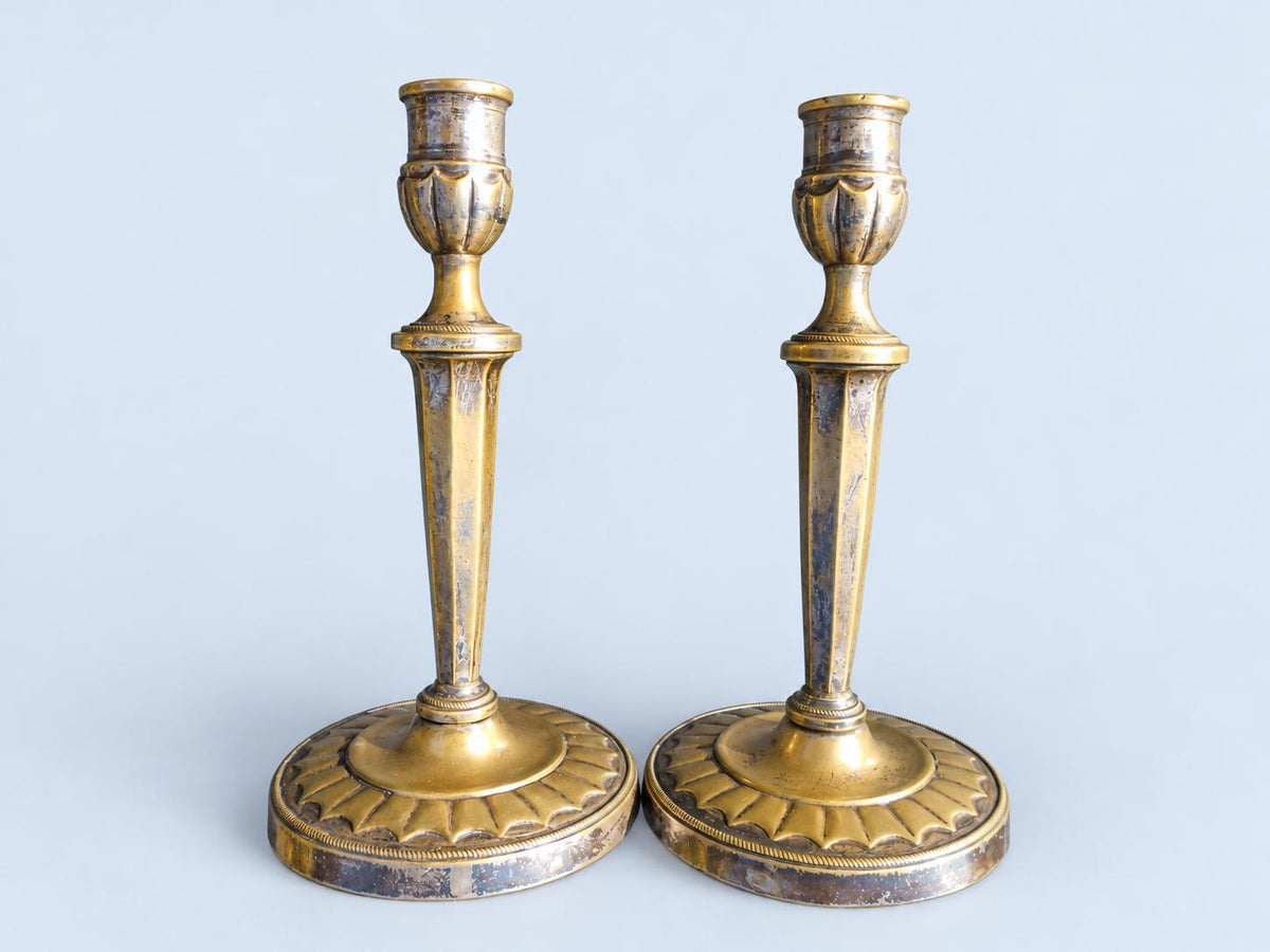 Vintage Pair of Empire Style Candlesticks, Attributed 19th Century, Patinated Metal with Traces of Silvering, Tapered Columns, 21.6 cm