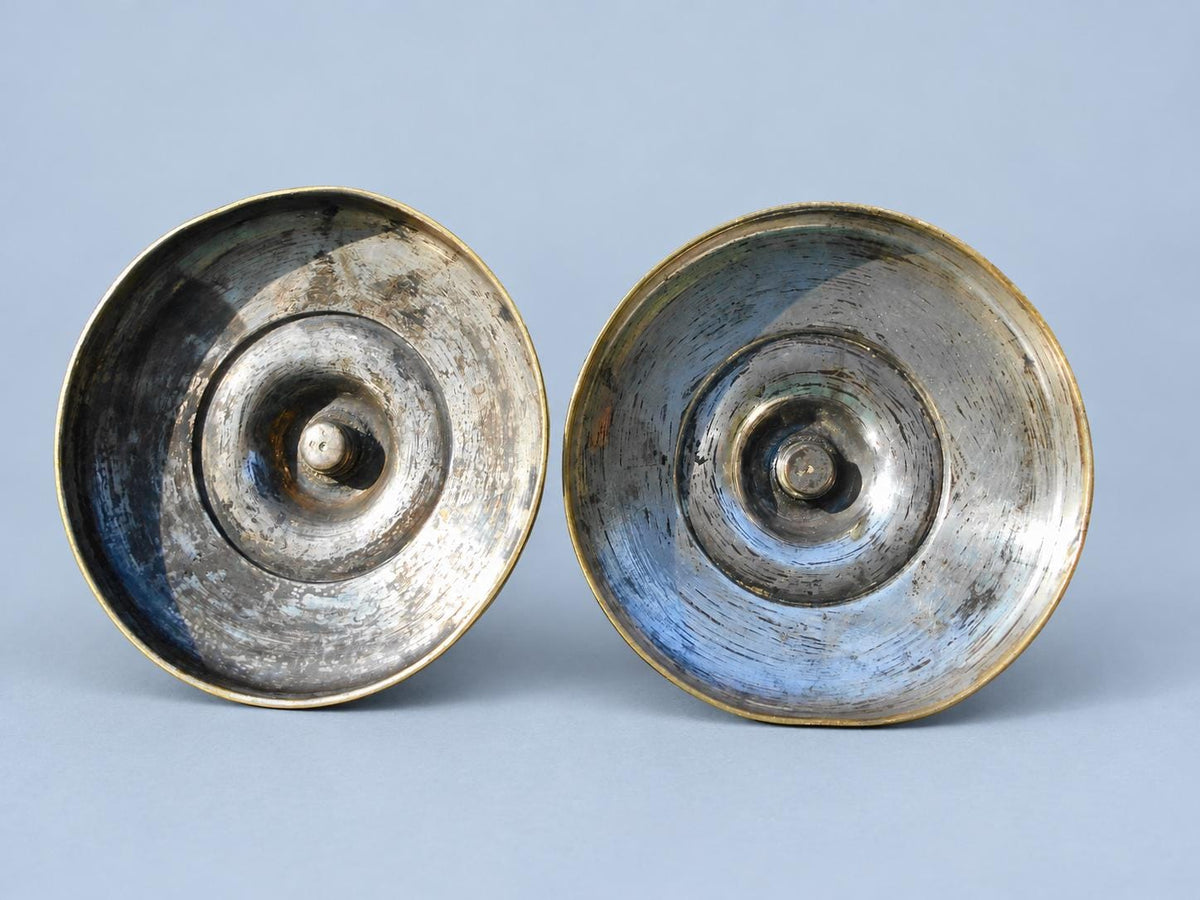 Vintage Pair of Empire Style Candlesticks, Attributed 19th Century, Patinated Metal with Traces of Silvering, Tapered Columns, 21.6 cm