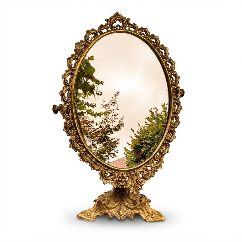 Baroque Style Tilting Vanity Mirror, Oval Glass in Pierced Scrolling Patinated Metal Frame on Pedestal Base, 46 cm