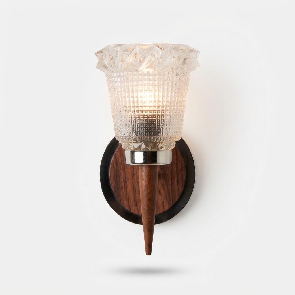 Vintage Mid-Century Wall Sconce, Wood and Chrome-Finish Torch Form with Textured Glass Tulip Shade, 22.5 cm