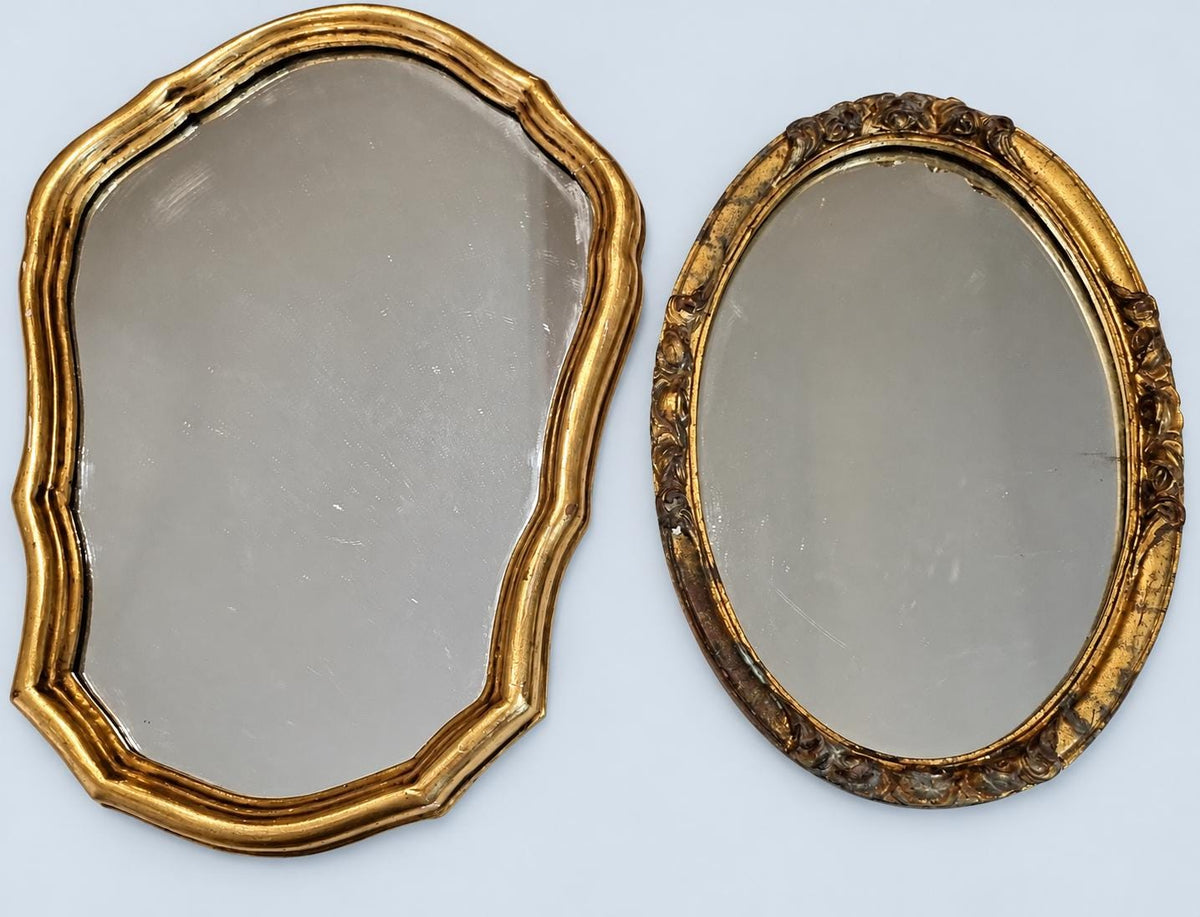 Two Vintage Louis XV Style Giltwood Mirrors, Shaped Frame and Oval Frame with Roses, 39 × 28 cm and 31 × 22 cm