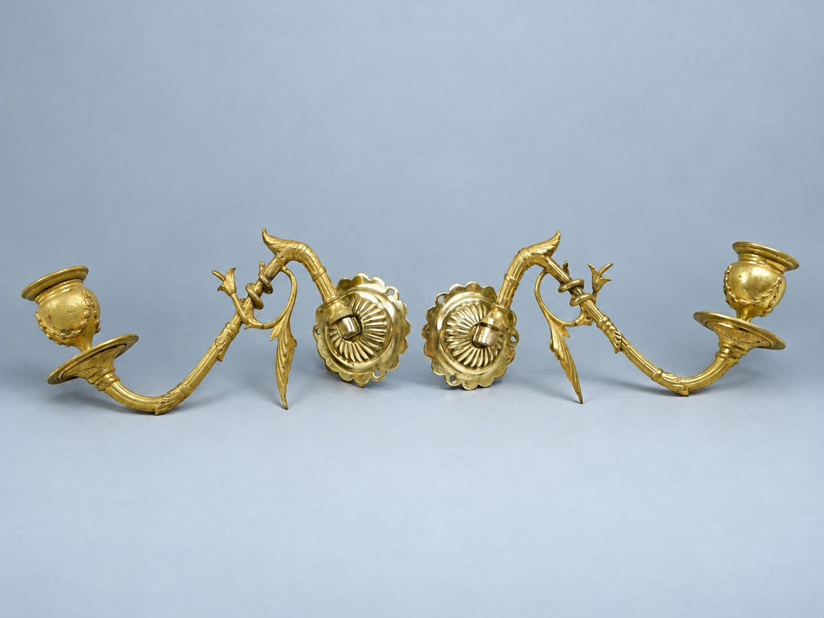 Vintage Pair of Swing-Arm Candle Sconces, Gilt Metal Faux-Bamboo Arms on Fluted Rosettes, Piano Style, 19 cm