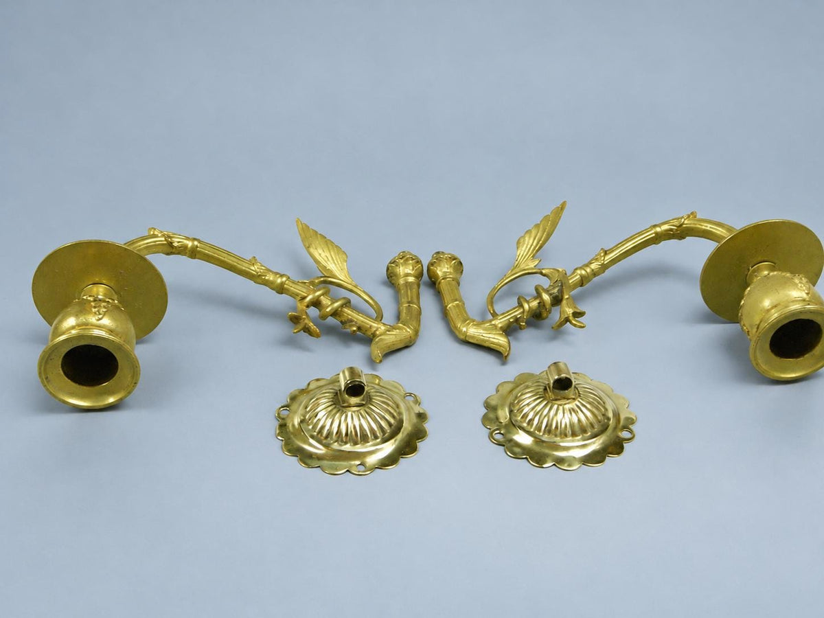 Vintage Pair of Swing-Arm Candle Sconces, Gilt Metal Faux-Bamboo Arms on Fluted Rosettes, Piano Style, 19 cm