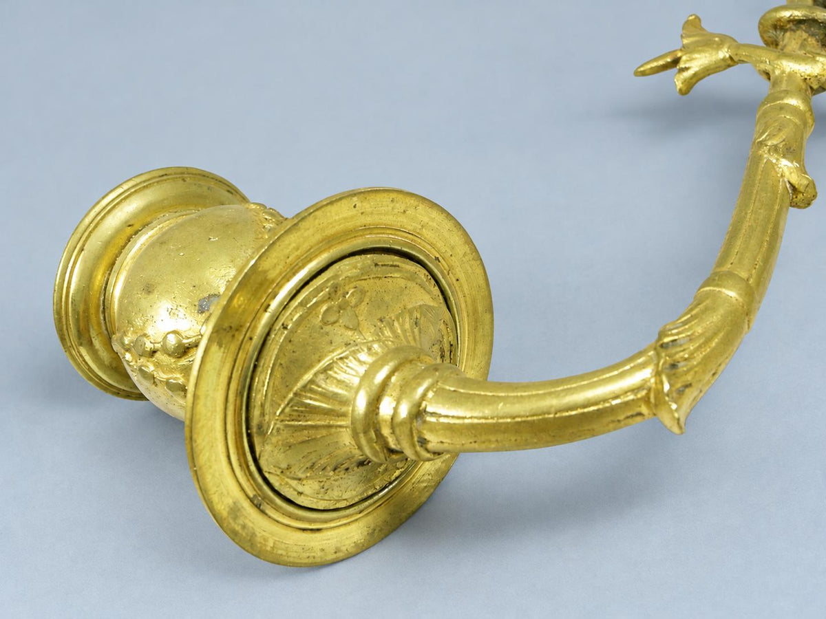 Vintage Pair of Swing-Arm Candle Sconces, Gilt Metal Faux-Bamboo Arms on Fluted Rosettes, Piano Style, 19 cm