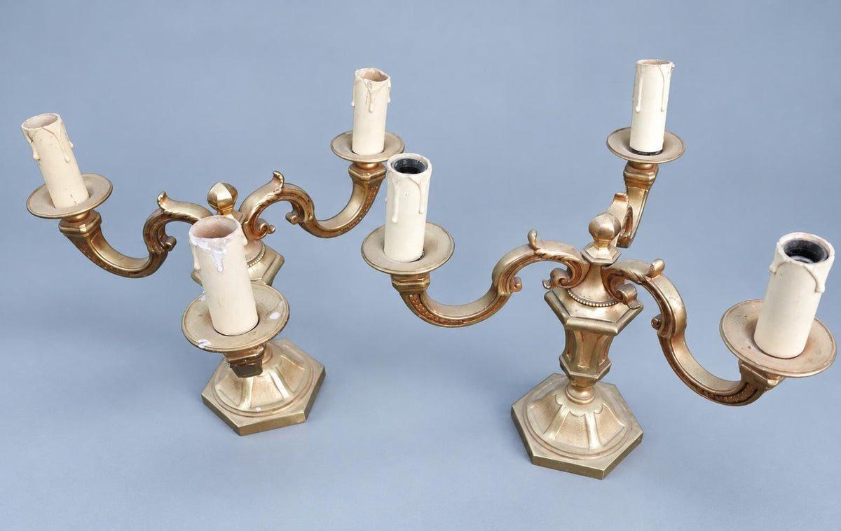 Pair of Vintage French Bronze Three-Light Candelabra Table Lamps, Hexagonal Bases, 1960s–70s, 27.5 cm