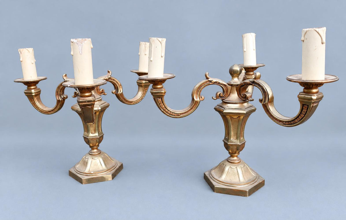 Pair of Vintage French Bronze Three-Light Candelabra Table Lamps, Hexagonal Bases, 1960s–70s, 27.5 cm