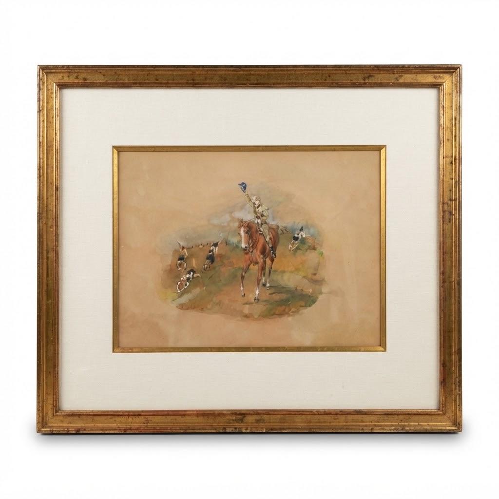 Vintage Framed English Sporting Picture, Hunting Scene with Rider Raising His Cap and Hounds, Gilt Frame, 40 × 50 cm