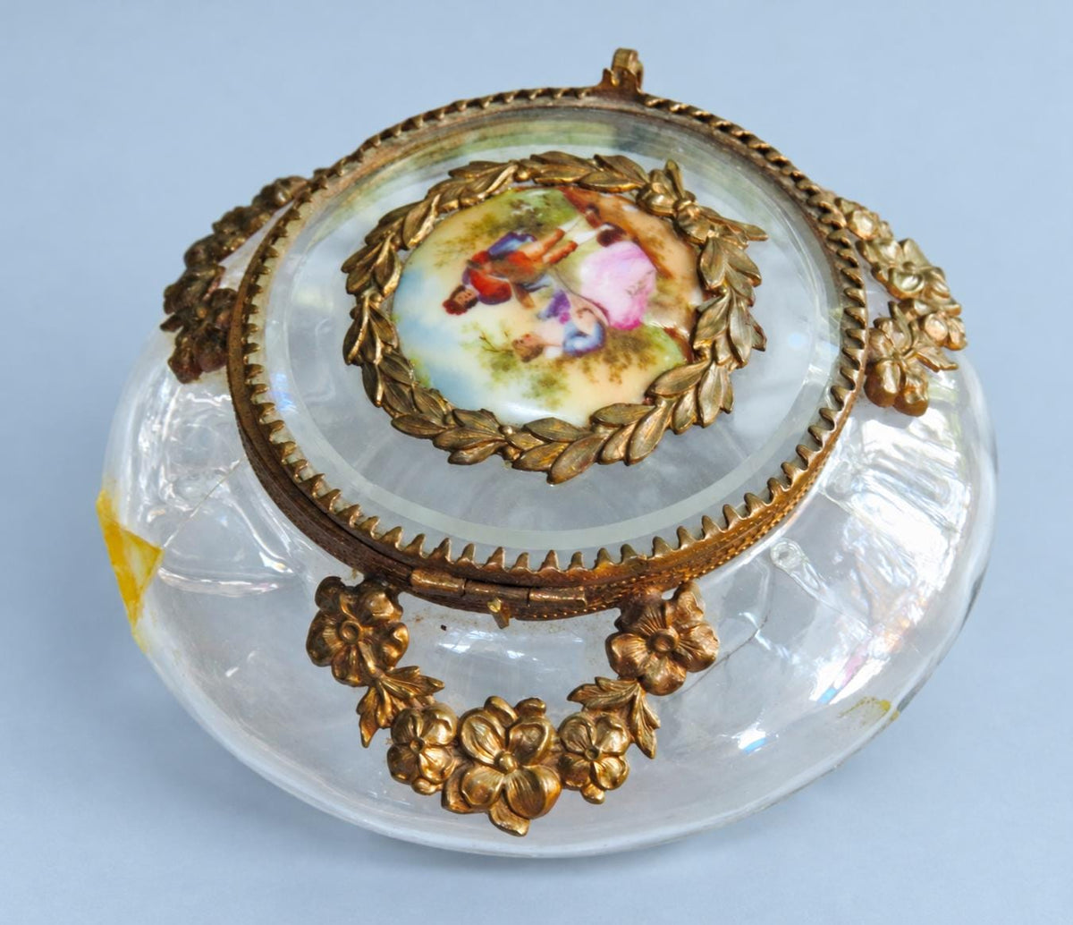 Vintage Glass Powder Box with Gilt Metal Mounts and Painted Porcelain Medallion Lid, Flower Garlands, Attributed Late 19th Century, 12 cm