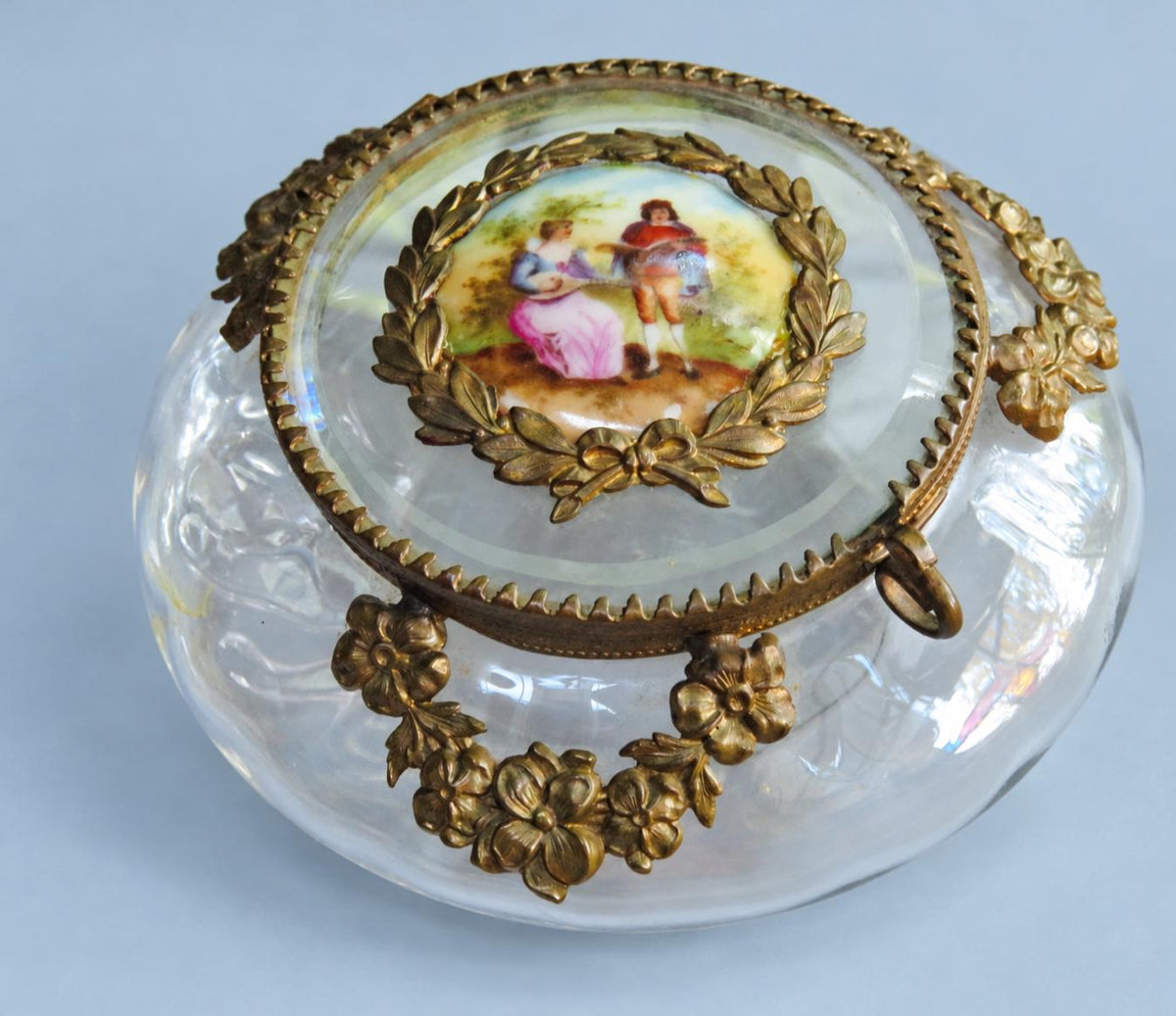 Vintage Glass Powder Box with Gilt Metal Mounts and Painted Porcelain Medallion Lid, Flower Garlands, Attributed Late 19th Century, 12 cm