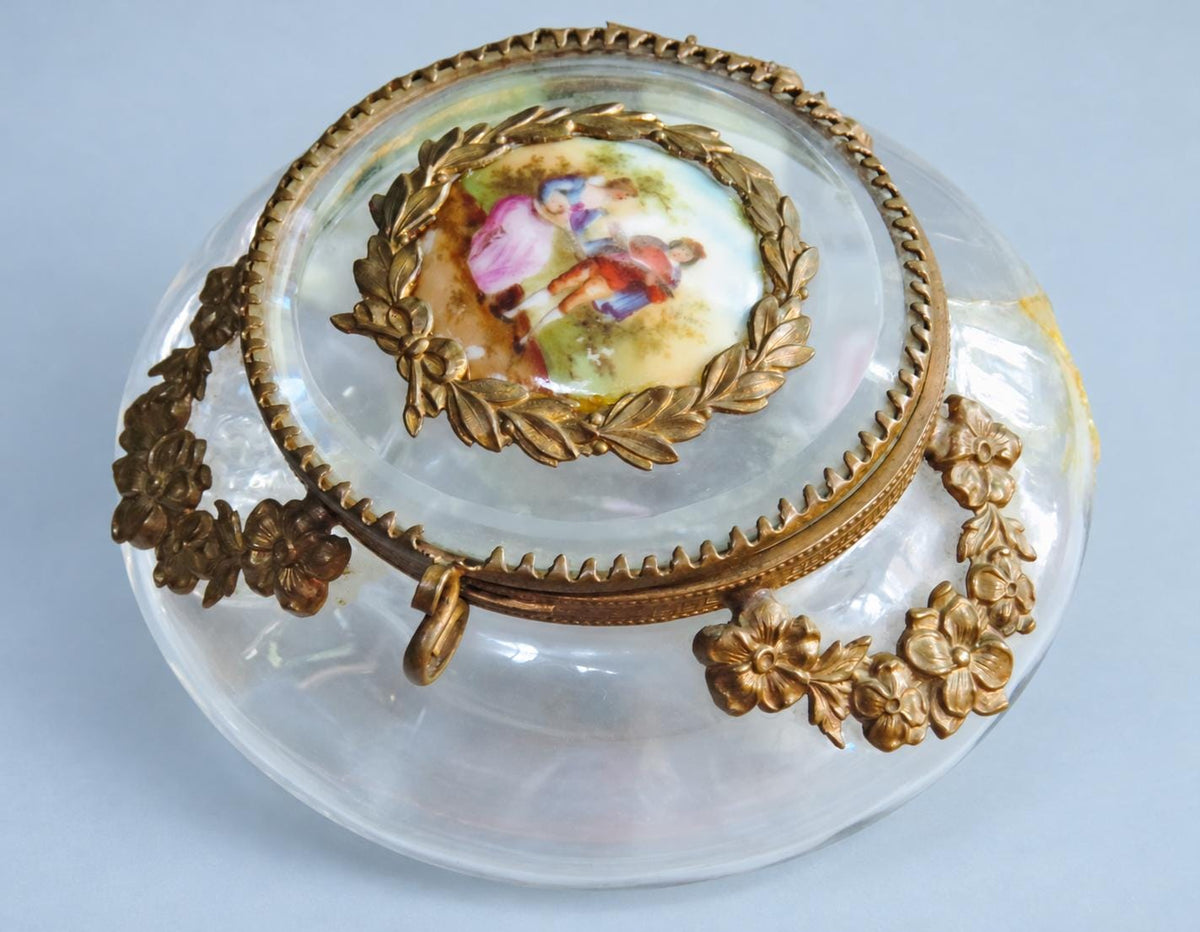 Vintage Glass Powder Box with Gilt Metal Mounts and Painted Porcelain Medallion Lid, Flower Garlands, Attributed Late 19th Century, 12 cm