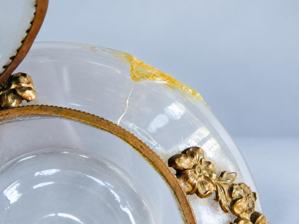 Vintage Glass Powder Box with Gilt Metal Mounts and Painted Porcelain Medallion Lid, Flower Garlands, Attributed Late 19th Century, 12 cm