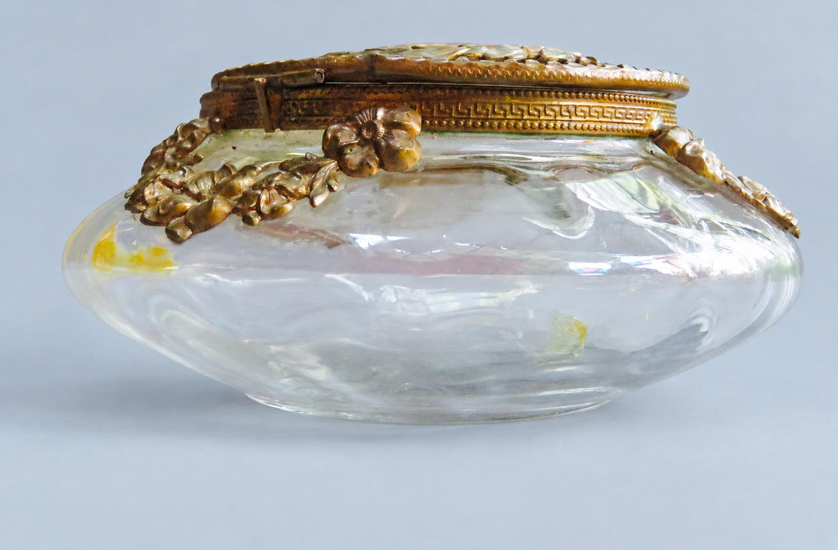 Vintage Glass Powder Box with Gilt Metal Mounts and Painted Porcelain Medallion Lid, Flower Garlands, Attributed Late 19th Century, 12 cm