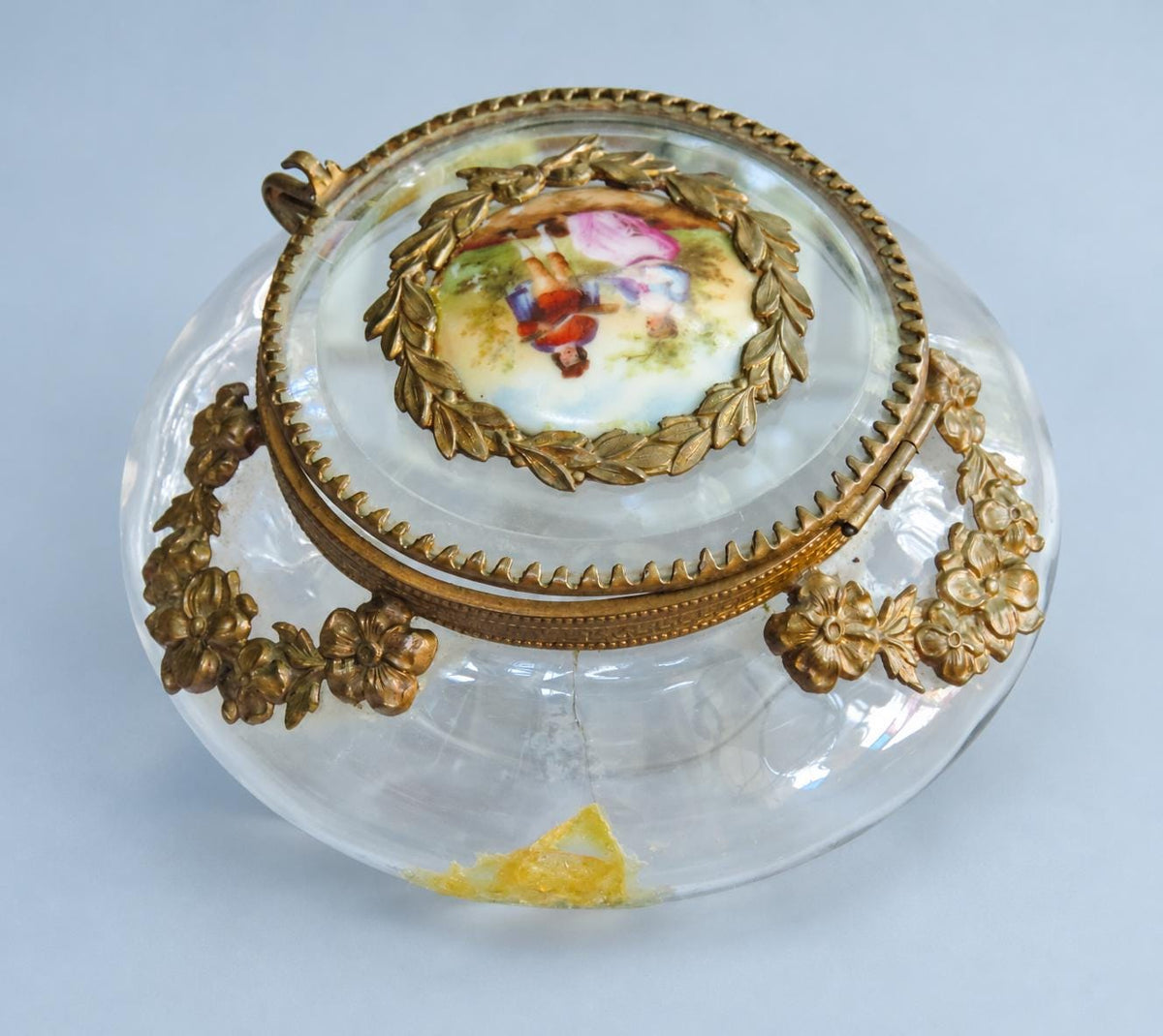 Vintage Glass Powder Box with Gilt Metal Mounts and Painted Porcelain Medallion Lid, Flower Garlands, Attributed Late 19th Century, 12 cm