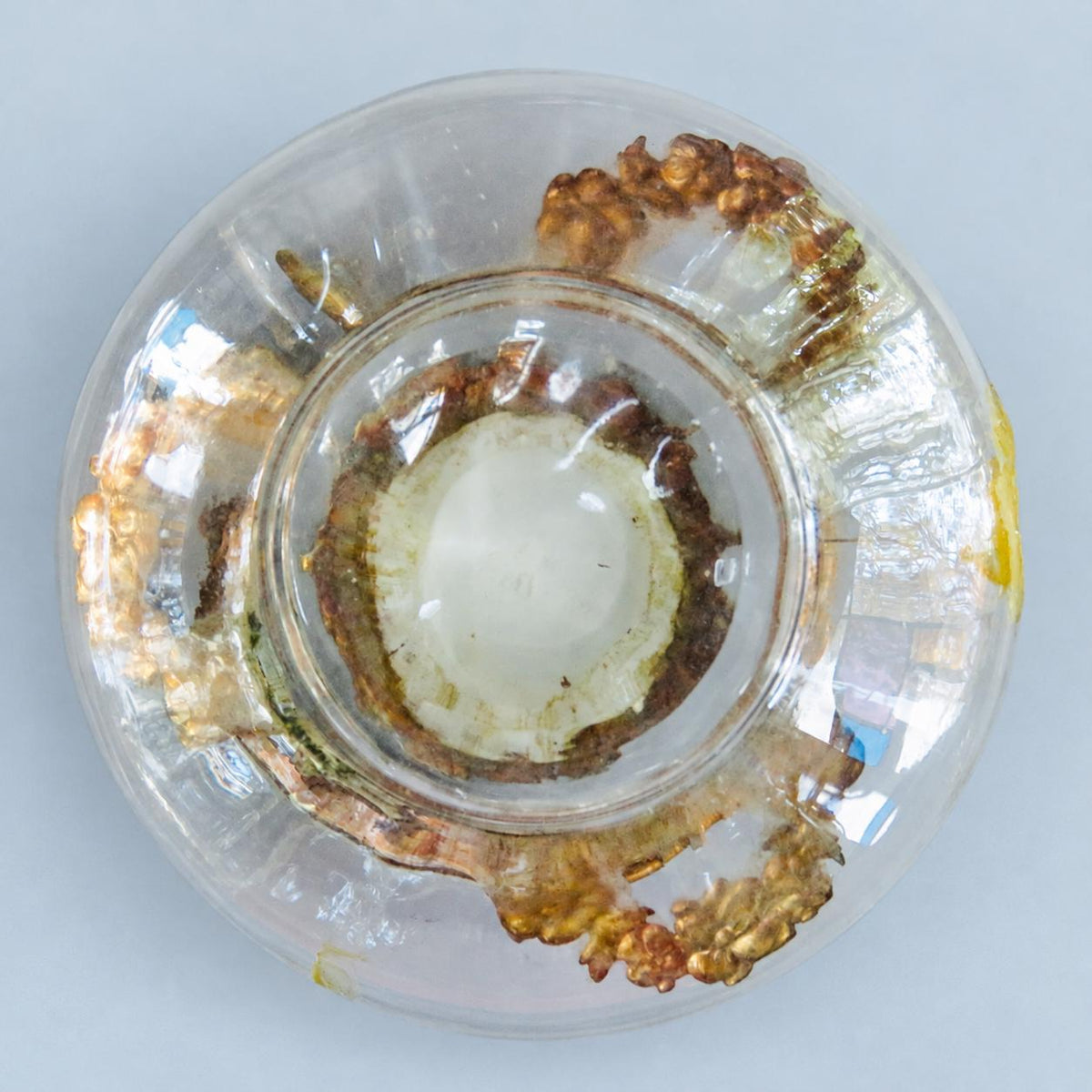 Vintage Glass Powder Box with Gilt Metal Mounts and Painted Porcelain Medallion Lid, Flower Garlands, Attributed Late 19th Century, 12 cm
