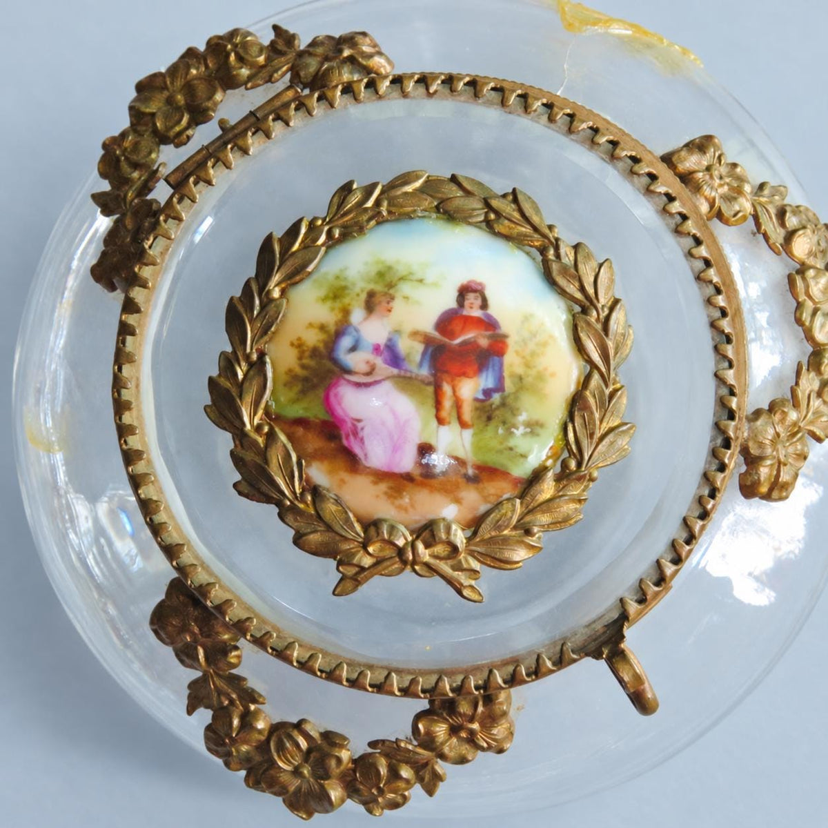 Vintage Glass Powder Box with Gilt Metal Mounts and Painted Porcelain Medallion Lid, Flower Garlands, Attributed Late 19th Century, 12 cm