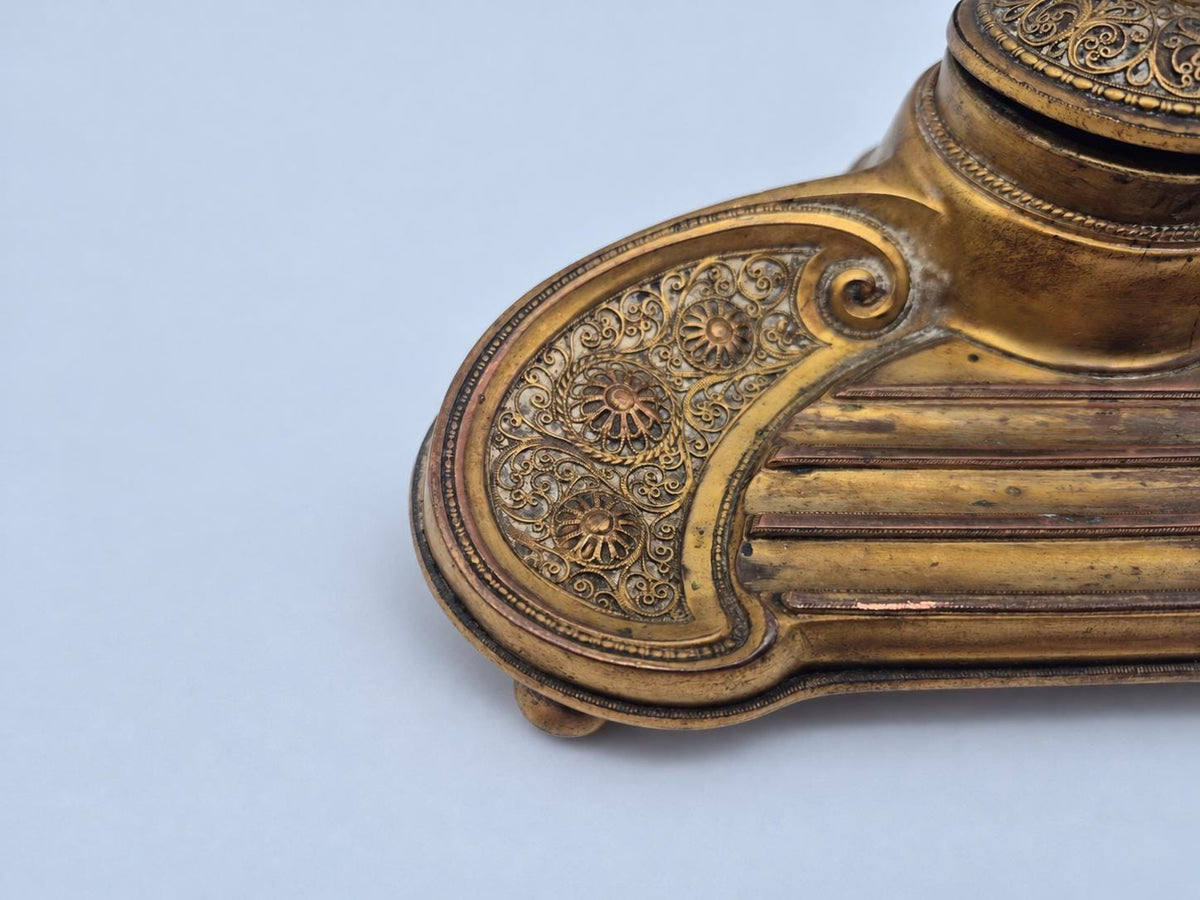 Vintage Art Nouveau Jugendstil Desk Inkwell, Gilt Metal Pen Tray with Filigree-Pattern Panels and Domed Lid, 20 cm