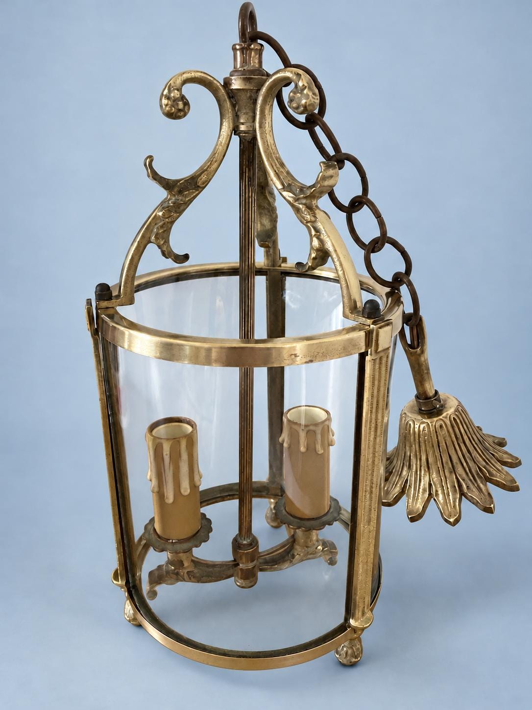 Vintage Louis XVI Style Hall Lantern, Gilt Metal with Three Curved Glass Panels, Fluted Uprights and Acanthus Arms, Two Lights, 30 cm