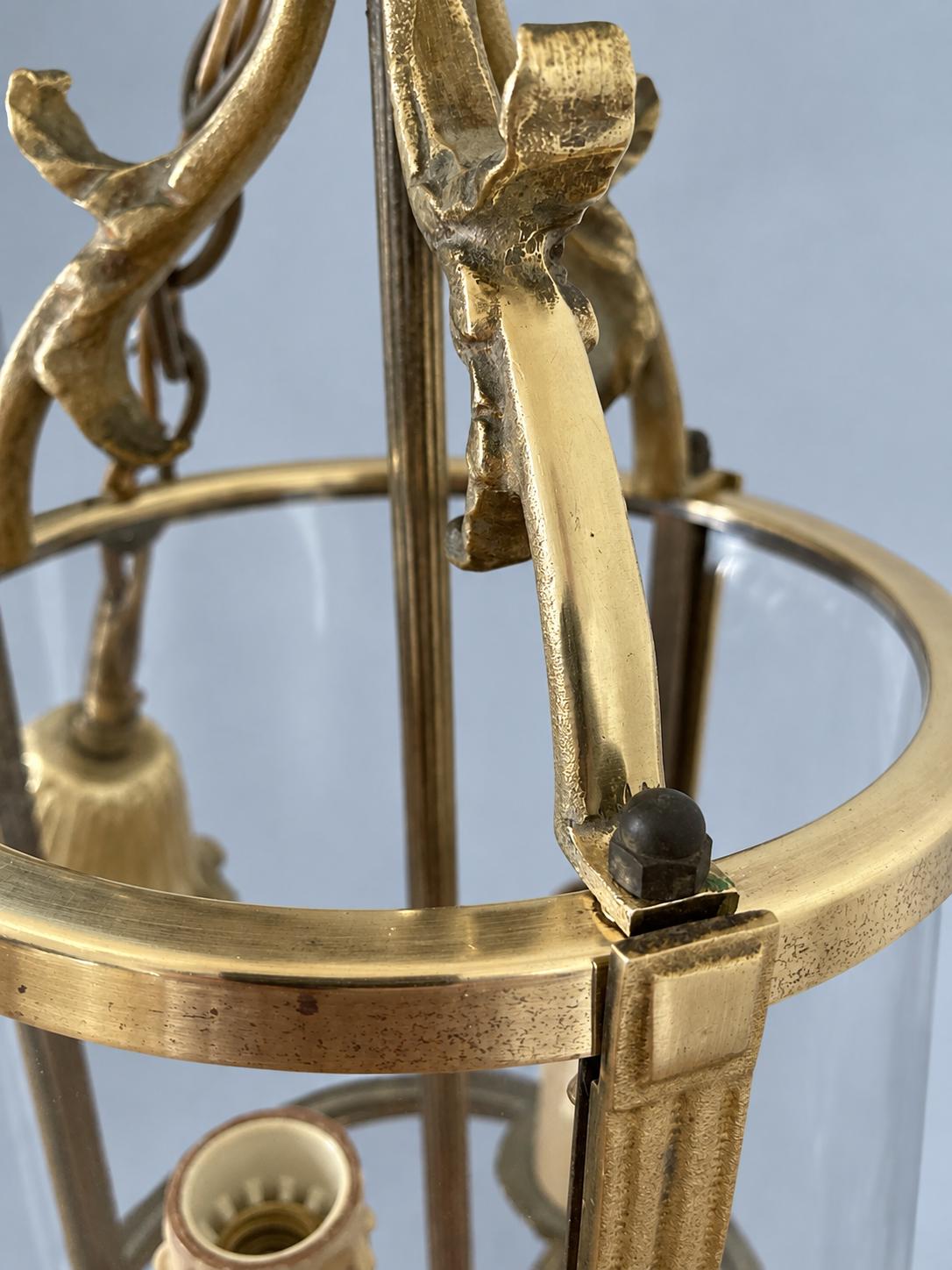 Vintage Louis XVI Style Hall Lantern, Gilt Metal with Three Curved Glass Panels, Fluted Uprights and Acanthus Arms, Two Lights, 30 cm