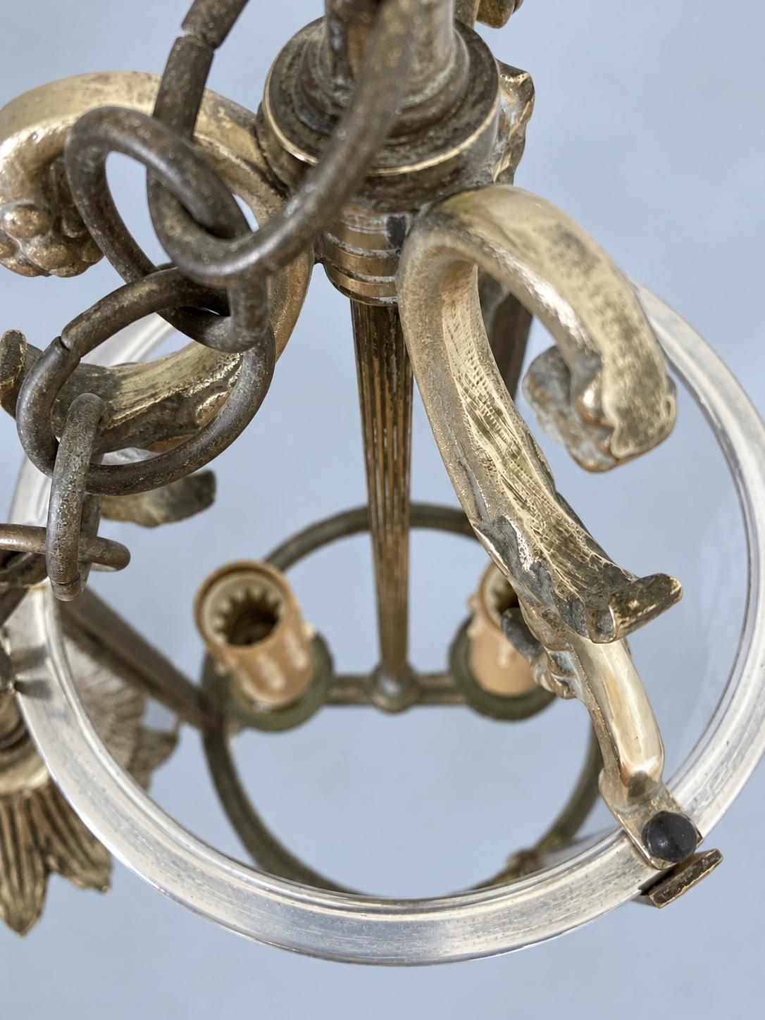 Vintage Louis XVI Style Hall Lantern, Gilt Metal with Three Curved Glass Panels, Fluted Uprights and Acanthus Arms, Two Lights, 30 cm