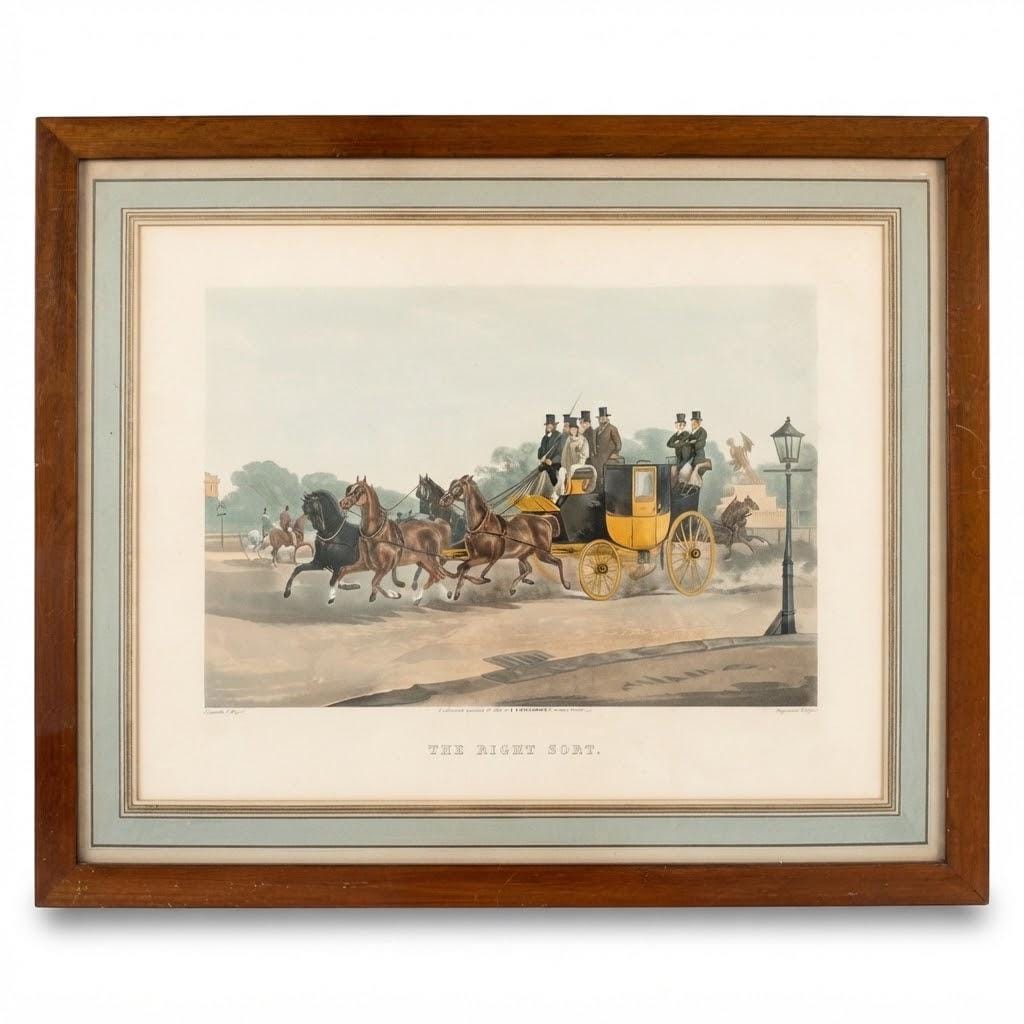 Vintage Framed English Coaching Print “The Right Sort,” Gentlemen Driving a Coach and Four, Paris Framer’s Label, 64 cm